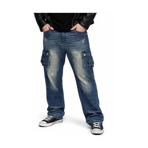 Rocawear Jeans Mens Size 42 x 30 Cargo Pockets Distressed Hip Hop Y2K Baggy Dark